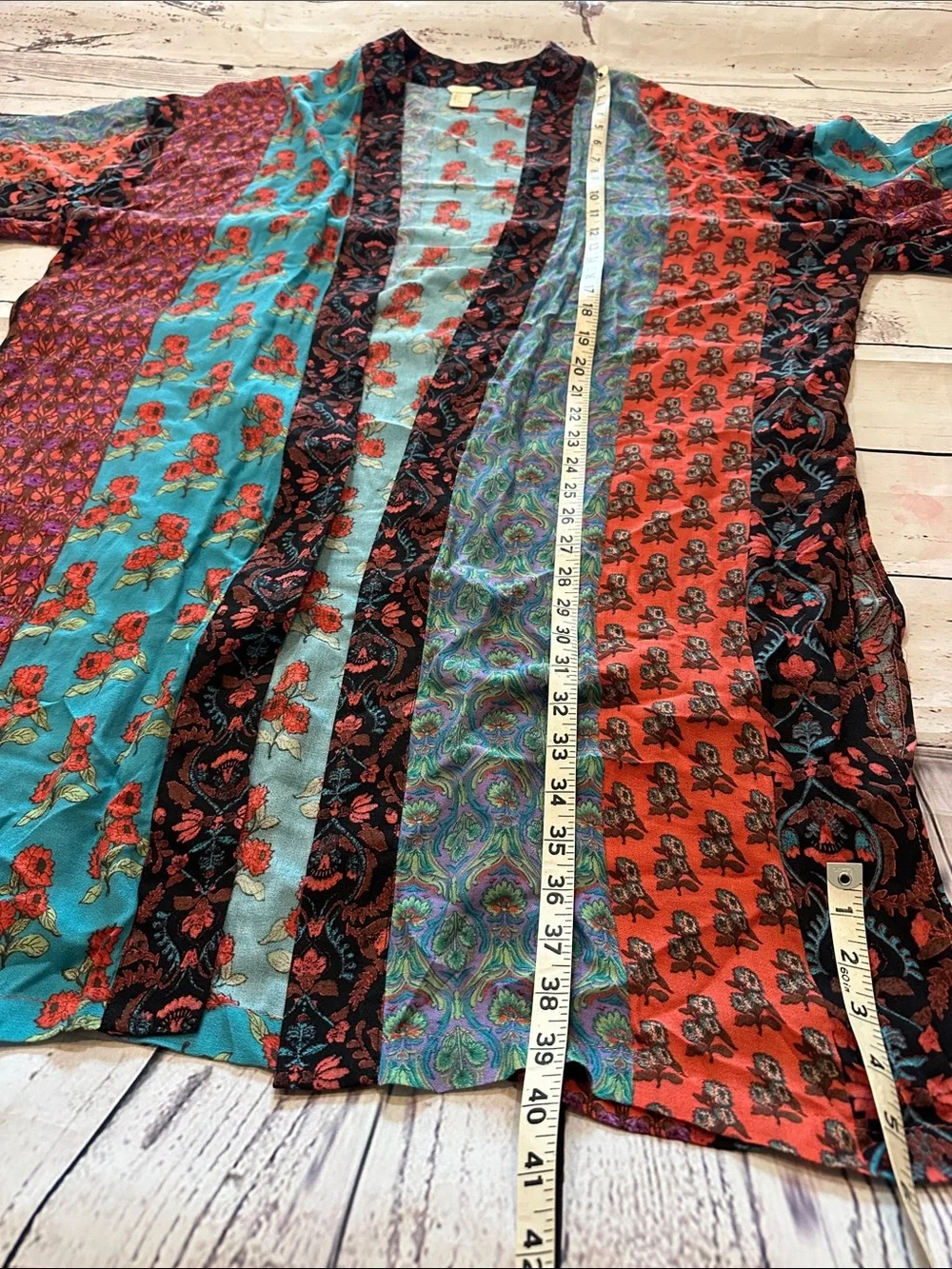 Boho Patchwork Kimono Cardigan - Teal, Red, Black